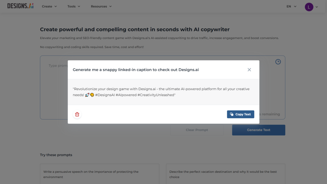 Content creation process with Designs.ai copywriter
