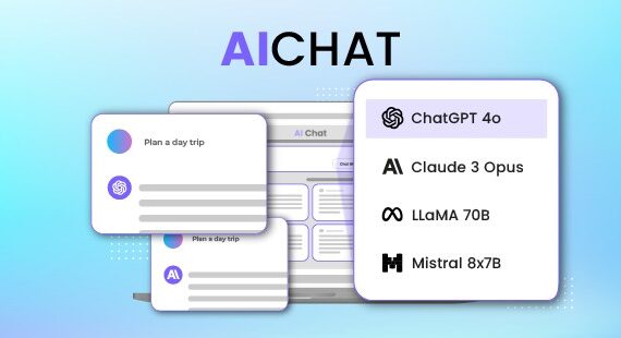 AI Chat interface showcasing various AI chat options like ChatGPT 4.0, Claude 3 Opus, LLaMA 70B, and Mistral 8x7B, representing advanced AI communication tools.